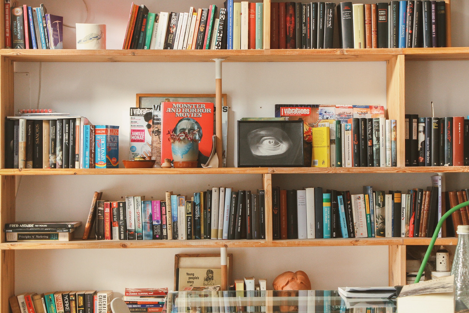 cluttered bookshelf